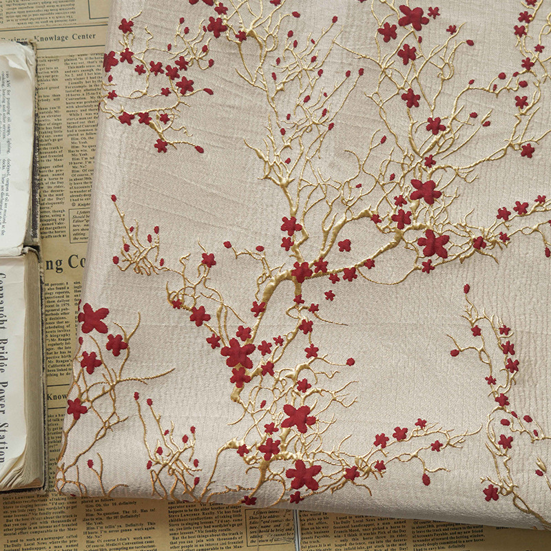 럭셔리 붉은 매화 꽃 자카드 패브릭 황금 꽃 양각 여성 - Luxury Home Textiles Usa 리뷰 및 가격